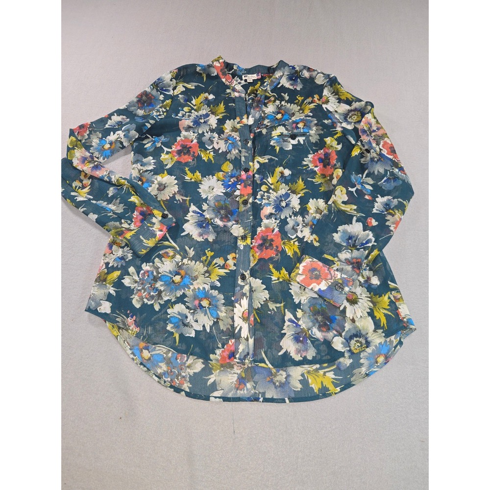 KUT from the Kloth Blouse Womens Medium Teal Floral Sheer Button Down High Low
